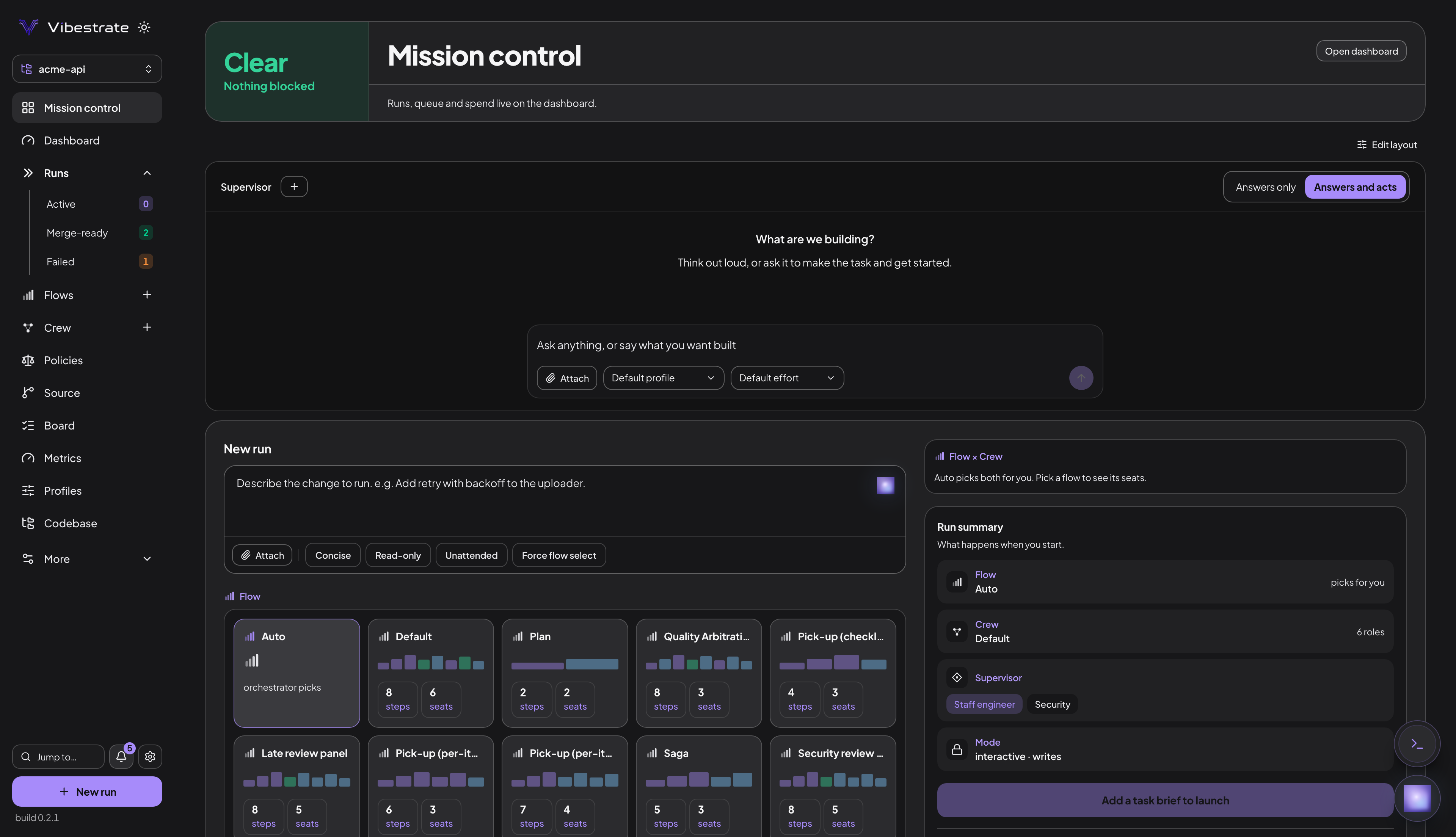 Mission Control: a left sidebar listing Mission control, Dashboard, Runs, Flows, Crew, Policies, Source, Board, Metrics, Profiles, Codebase and More, then a utility row of Jump to, a notification bell and Settings, then a New run button, beside a scrolling pane holding the Supervisor panel, the New run panel and a Waiting on you section, with the Consult orb floating in the bottom-right corner.