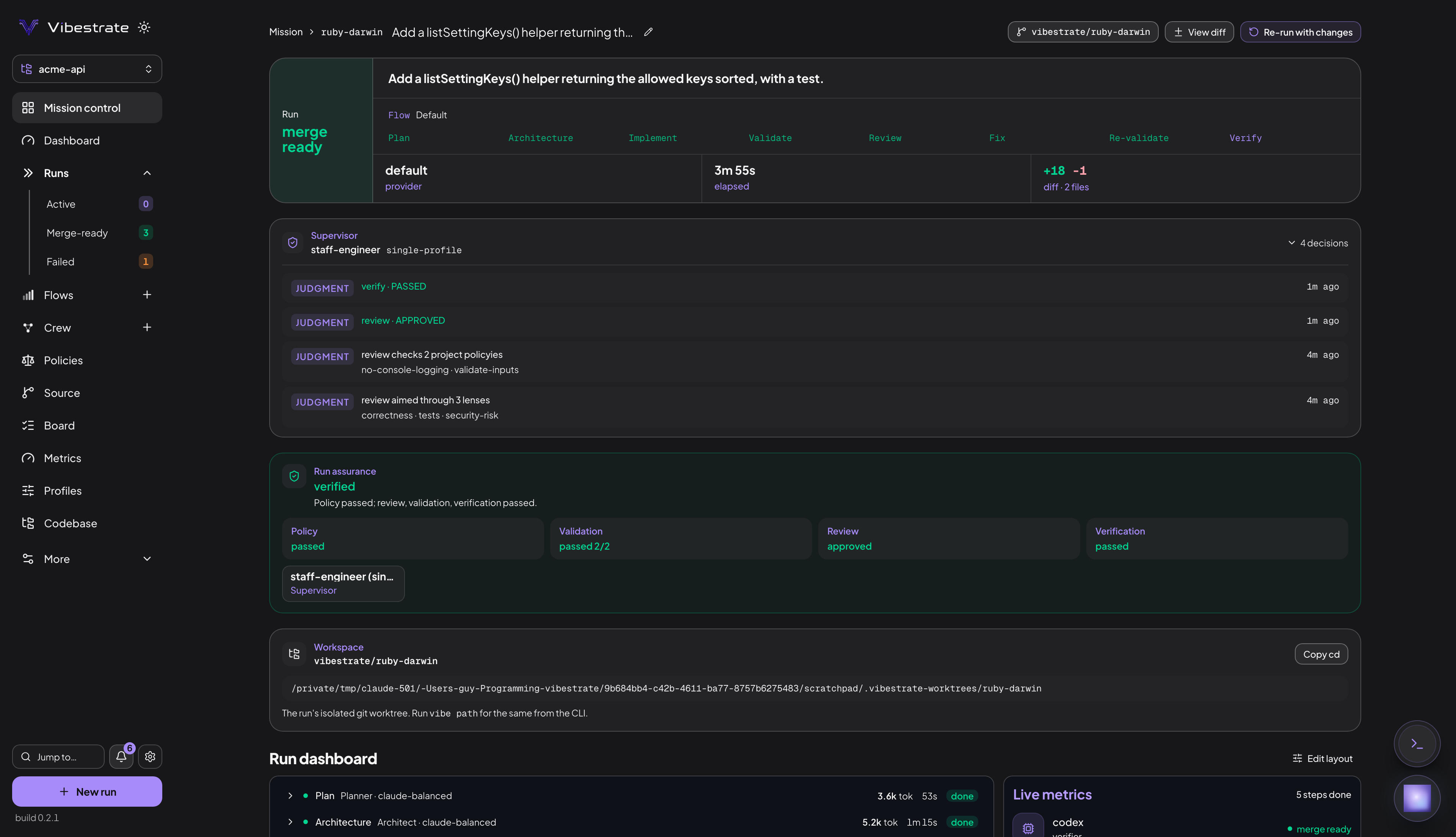 A finished run on the Default flow, eight steps from Plan to Verify. The supervisor log carries four judgments: verify passed, review approved, review checks 2 project policies named no-console-logging and validate-inputs, and review aimed through 3 lenses. Run assurance reads verified across policy, validation, review and verification. The Live metrics panel names codex against the verifier, while the Plan and Architecture rows below run on claude-balanced.