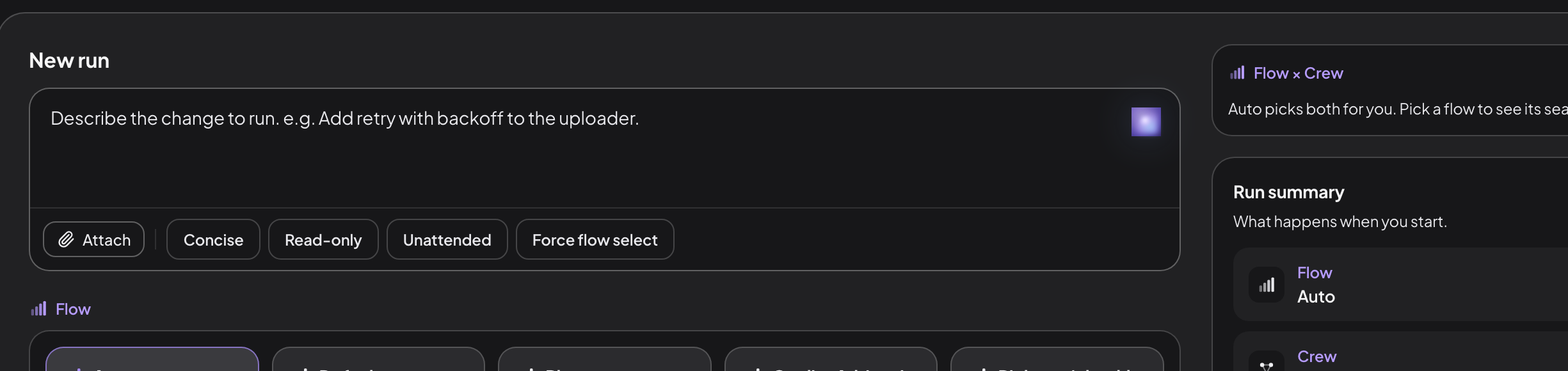 The New run composer. A box reads: describe the change to run, e.g. add retry with backoff to the uploader. Below it are Attach, Concise, Read-only, Unattended and Force flow select toggles, then a Flow picker. To the right, a Run summary panel headed What happens when you start shows Flow set to Auto and a Crew row.